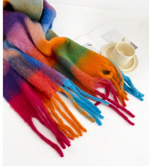 Plaid Multicolor Wide Shawl Scarf With Tassels Fuzzy Knit - Picture 5 of 8